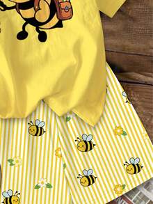 Young Girl Casual Simple Cartoon Pattern Short Sleeve & Shorts 2pcs Set Suitable For Summer - Multicolor - View 5