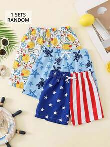 SHEIN Maillots de bain courts imprimés canards pour jeunes garçons, shorts de plage d'été, maillots de bain pour enfants, convient pour les jeux aquatiques, les vacances, les voyages et les loisirs - Multicolore - Voir 1