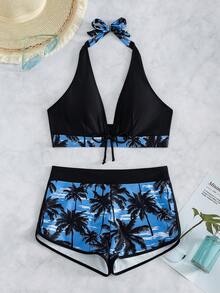 SHEIN Swim 女款夏季海灘拼色百褶掛脖綁帶性感比基尼與短褲兩件式泳衣套裝 - 藍色 - 查看 3