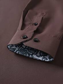 Manfinity Mode Men's Floral Print Single-Breasted Long-Sleeved Shirt (Non-Positional), Formal - Coffee Brown - View 5