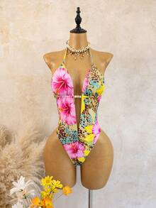 Swim Vcay Printed Random Deep V Ruched Sexy Beach Vacation One-Piece Bikini Swimsuit With Bodycon Skirt - Multicolor - View 7