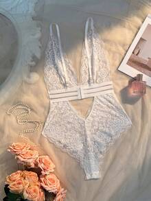 Crystal Vow 1pc Front And Back Hollow Lace Patchwork Webbing Sexy Jumpsuit - White - View 2