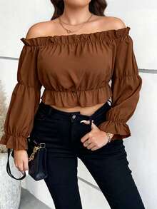Vionelle Blusa corta con volantes y mangas con hombros descubiertos. Top peplum. - Café integral - Ver 5