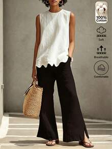 Omancia Conjunto de top sin mangas con volantes en el bajo y pantalones rectos de lino con sensación vintage, elegante, cómodo y minimalista para vacaciones de verano - Negro - Ver 1