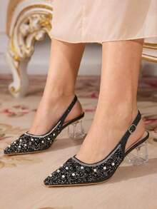 CUCCOO TILAWA Women's Crystal Heel Glass Rhinestone Pointed Toe Pink High Heel Pumps, Suitable For Outings, Banquets, Parties And Other Events - Graphite Black - View 8