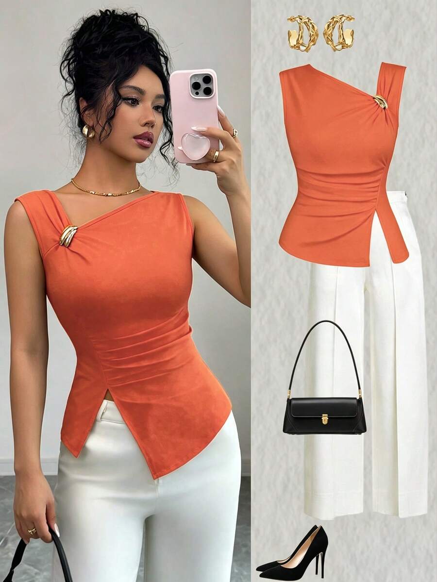SHEIN Elenzya 夏季時尚金屬裝飾不對稱背心 - 橘色 - 查看 1