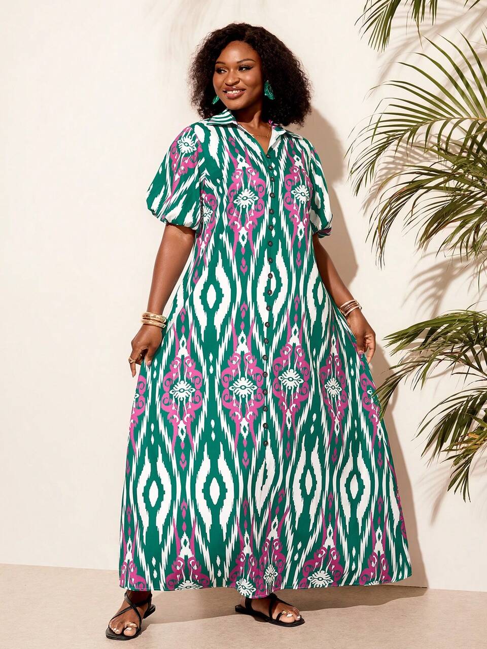 Women's Plus Size Vacation Geometric Print Short Puff Sleeve Button Design Dress Summer Outfits Vacation Outfits Women Beach Dress Bright Vacation