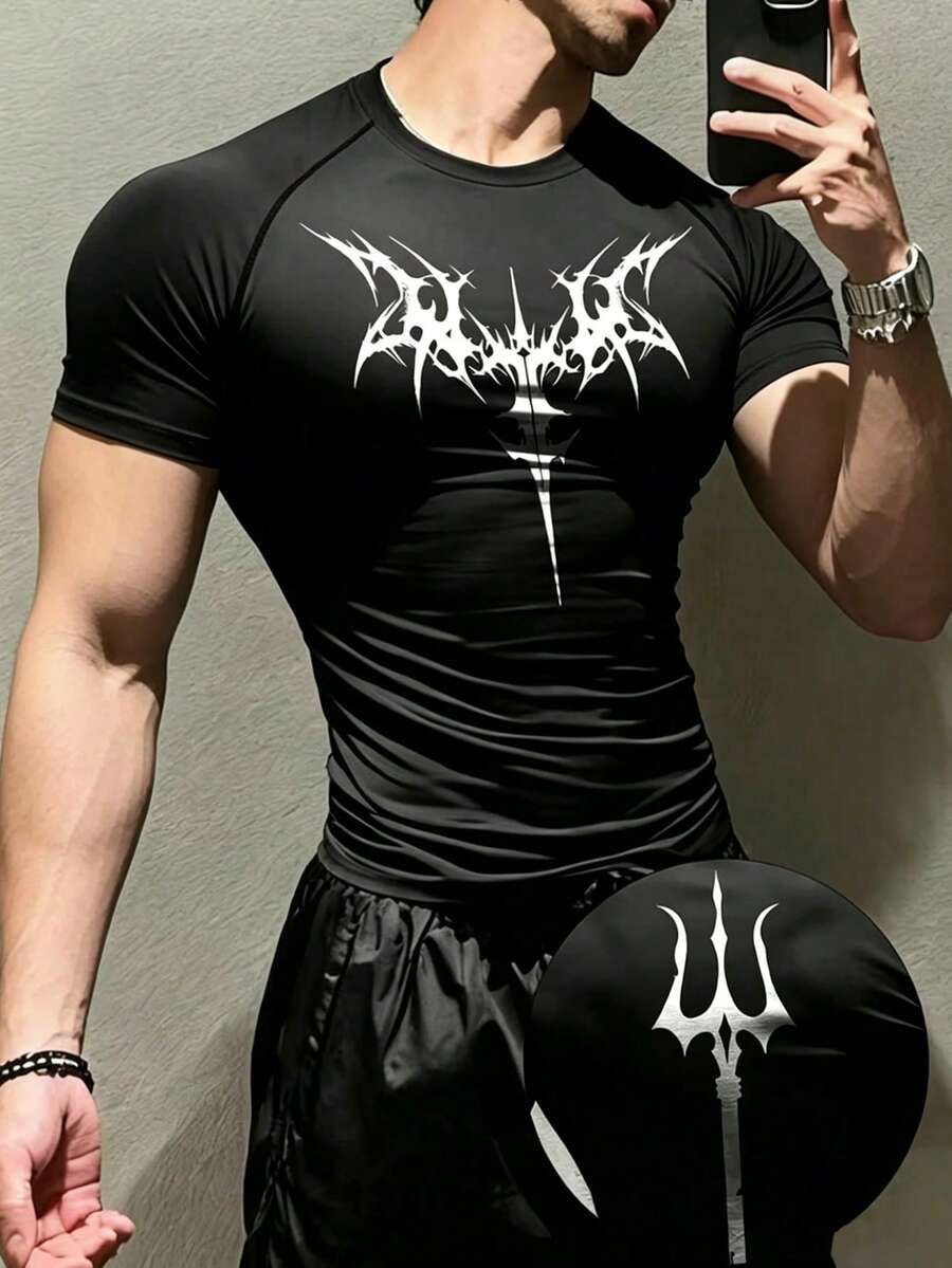 GymBeat 男士哥德風印花短袖修身運動T恤,健身房適用 - 黑色 - 查看 1