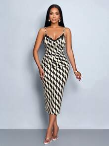 SOLERSUN Women's Spring/Summer Elegant Wavy Stripe Print Slim-Fit Cami Dress With Lace Trim - Street Fashion, Festive Business Casual, Beige - Black and White - View 6