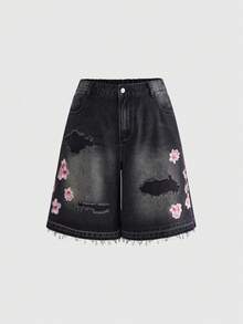 ROMWE Street Life Plus Size Cherry Blossom Embroidered Denim Shorts - Black - View 1