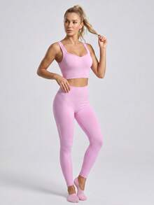 Easithlete Easithlete Damen einfarbiges plissiertes lässiges Fitness Sport Tank Top - Pink - Übersicht 6