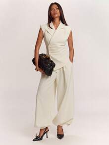 SHEIN BAE Women's White Casual Business Casual Elegant Commute Wide Shoulder Cinched Waist Ruched Sleeveless Top Long Lantern Pants 2-Piece Set Office Summer - Apricot - View 3