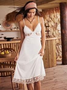 Lullawish Camisón de mujer de mezcla de algodón con patchwork de encaje y espalda hueca, estilo bohemio y cómodo - Blanco - Ver 5