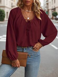 Plus Size Spring/Autumn Casual Solid Color Lantern Sleeve Shirt Fall Cloth For Women - Burgundy - View 3