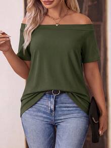 EMERY ROSE Plus Size Women Solid Color Off-Shoulder Casual Versatile Daily Wear T-Shirt - Army Green - View 1