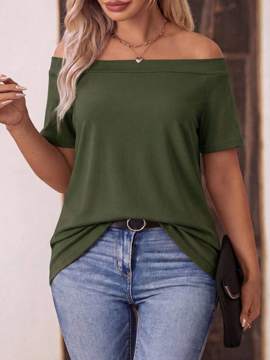 EMERY ROSE Plus Size Women Solid Color Off-Shoulder Casual Versatile Daily Wear T-Shirt - Army Green - View 1