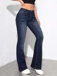 Jeanoix Women's Casual Versatile Flare Leg Denim Jeans With Pockets - Dark Wash - View 5