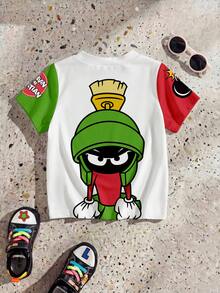 LOONEY TUNES X SHEIN GraphicGems 1件小男孩休閒可愛卡通火星人馬文印花條紋夏季花卉圖案圓領短袖T恤，夏季 - 彩色 - 查看 2