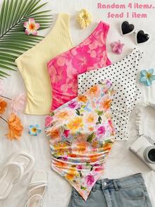 Tween Girls' Summer Beach Vacation Floral Print Sleeveless Cropped Top With Transparent Straps And Asymmetric Hem Knit Floral Pattern Camisole - Multicolor - View 2