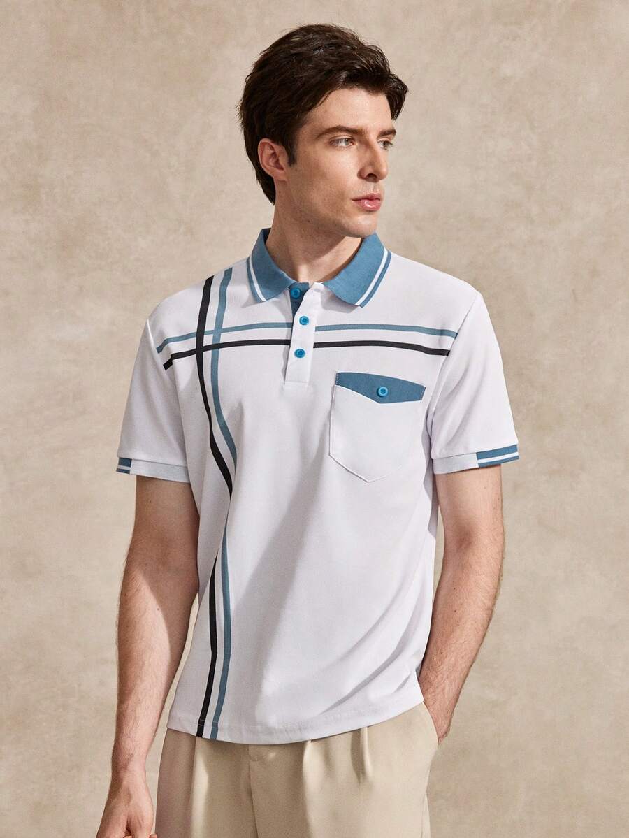 男士條紋短袖休閒通勤 Polo 衫,白色與藍色,夏季高爾夫球衫,送給男友或丈夫的絕佳禮物 - 白色 - 查看 1