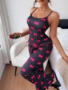Napfluff Romantic Cute Small Bow Camisole Top And Long Pants Pajama Set - black red - View 2
