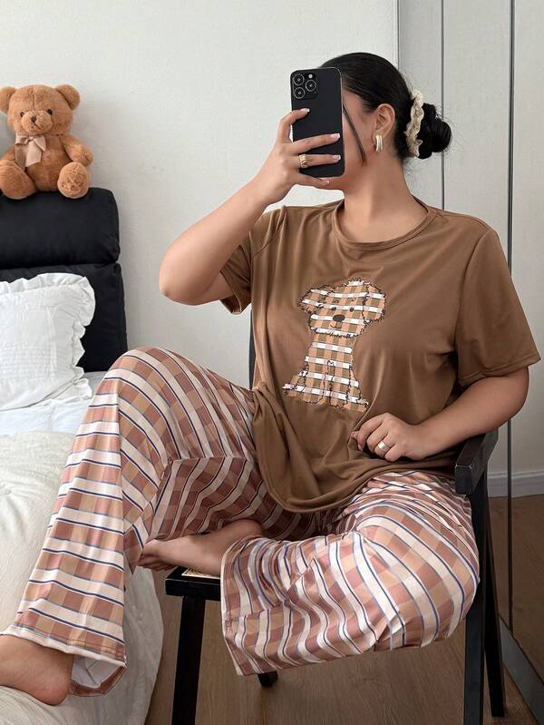 大码女式可爱卡通小狗格子图案休闲短袖睡衣套装