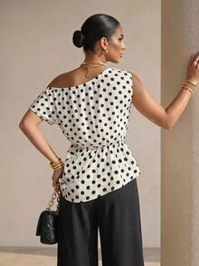 Structelle Women's White And Black Polka Dot Asymmetric Neckline Side Drawstring Ruched Fashion Top Brunch Date Summer French Elegant - Multicolor - View 2