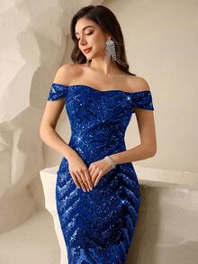 Coutiva Women's Off-Shoulder Sequin Elegant Glamorous Evening Party Dress - Royal Blue - View 7