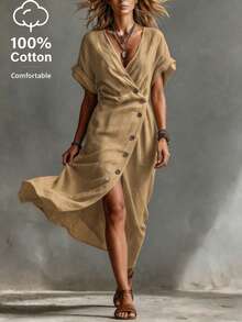 SHEIN Women Summer Holiday V-Neck Short Sleeve Wrap Midi Dress,Elegant Side Button Linen-Feel French  Tea Dress,Retro Cinched Waist Vacation Style Dress - Khaki - View 3