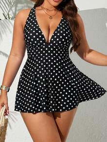 SHEIN Swim Curve 大尺碼細肩帶印花泳裝洋裝套裝，定位藍白瓷器印花，兩件式分開設計，優雅女款度假海灘裝 - 黑與白 - 查看 1