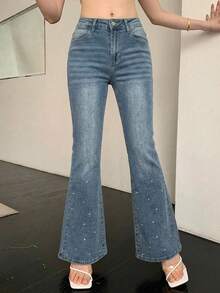 DAZY Summer Autumn Winter Rhinestone Decor Washed Flare Leg Women's Jeans - Blue - View 4