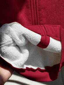 SHEIN Young Boys Corduroy Fleece Lined Zipper Baseball Jacket Padded Coat, Super Affordable, Suitable For Commuting, School, Daily Casual, College Style, Travel, Sports, Autumn/Winter - Burgundy - View 8