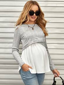 SHEIN Maternity Cross Wrap 2 In 1 Nursing Tee With Long Sleeve Fall - Light Grey - View 7