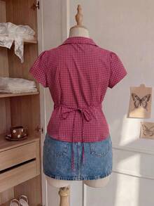 Comfortcana Plus Size Women's Plaid Short Sleeve Single Breasted Casual Shirt - Red - View 2