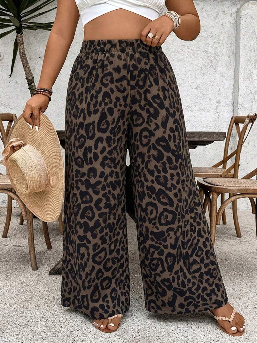 SHEIN VCAY 女款夏季休閒波希米亞風高腰彈性豹紋動物印花寬鬆寬腿長褲 - 彩色 - 查看 1
