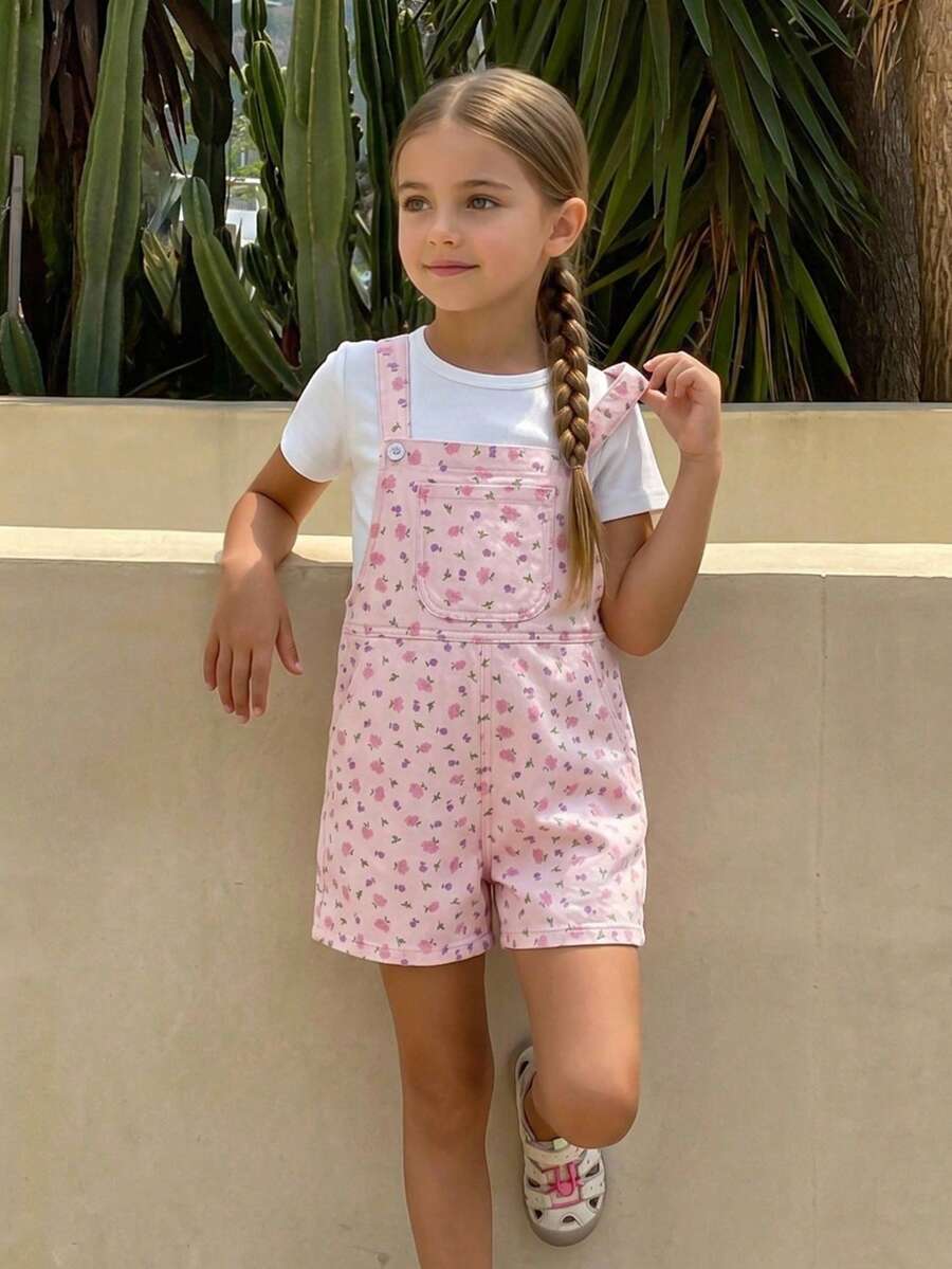 Hapijoa Sleeveless Ditsy Floral Overalls Casual Young Girls Denim Overalls And Jumpsuits - Pink - View 1