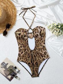 Swim SXY 2026 Hot-Selling Metal Accessory Gold Foil Leopard Print Sexy Halter Neck One-Piece Beach Swimsuit - Gold - View 8