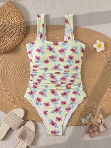 Swim Lushoire Springbreak 女款純色抓皺肩帶極簡風連身泳衣 節慶波希米亞風 - 鵝黃色 - 查看 3