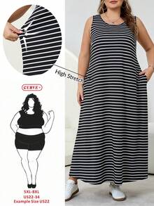 SHEIN CURVE+ 大尺碼女款夏季洋裝、女款夏季洋裝、女款度假洋裝、女款夏季洋裝、畢業洋裝、商務休閒女款太陽裙、女款辦公洋裝、畢業洋裝、新時尚休閒通勤、條紋無袖口袋洋裝、長洋裝、A字裙、黑白條紋洋裝、休閒洋裝/2026/新年 - 黑與白 - 查看 11
