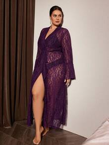 Slumberist Women's Sexy Lace Sheer Purple Ruffle Patchwork Long Sleeve Long Maxi Plus Size Nightgown - Purple - View 4
