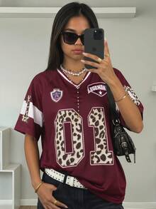 SHEIN Teen Girls V-Neck Loose Fit Printed T-Shirt - Burgundy - View 2