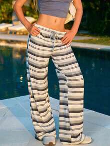 Fluxe Women Striped Loose Straight Leg Sweatpants Perfect Airport Outfit Suitable For Tennis Yoga Studio Pilates Daily Wear Cute Summer Outfits Festival Outfits Beach Outfits Sea Going Out Outfits Women's Gym Clothes Gym Female Gym Set Casual Sets Holiday Outfits Vacation Sportswear Workout Sets Brown Striped Pants - Apricot - View 5