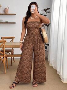 Enliva Plus Size Paisley Pattern Vintage Bohemian Style Vacation Jumpsuit - Brown - View 4
