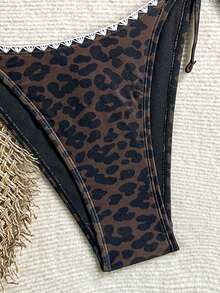 Swim Vcay Conjunto de bikini de 2 piezas para mujer con estampado de leopardo marrón y patrón aleatorio, sexy, cuello en V y lazo halter, para verano - Multicolor - Ver 5