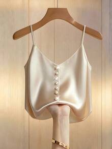 GlowEve CURVE Plus Size Satin Camisole Top For Women V-Neck Button-Down Spaghetti Strap Sleeveless Chiffon Silky Texture Elegant Sexy Tank Top Party Cocktail Summer - Apricot - View 10