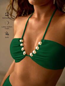 MOTF PREMIUM ELEGANT PEARL DECORATED HALTER NECK BIKINI SET FOR VACATION - Dark Green - View 2