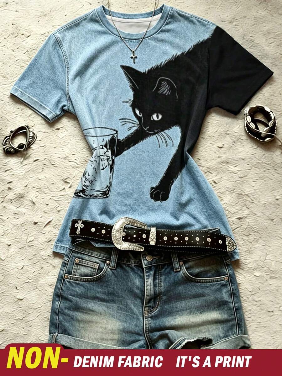 IslaSuriya Women's Summer Casual Cat Print T-Shirt - Multicolor - View 1