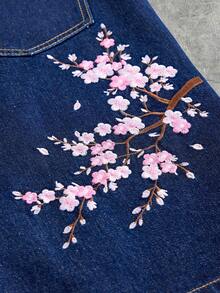 AXEPEAK Celana Pendek Denim Kasual Pria Model Vintage Niche dengan Bordir Bunga, Potongan Longgar dan Lebar, Cocok untuk Musim Panas - Navy Blue - View 4