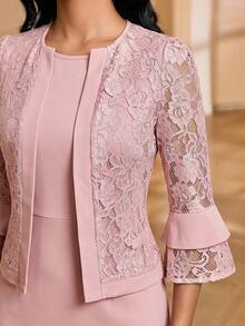 SHEIN Lady طقم نسائي أنيق للحفلات من قطعتين بلون موحد، ملابس علوية دانتيل وفستان - وردي - مشاهدة 4