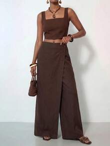 Zivah Calça Longa Casual Versátil de Cor Sólida para Uso Diário e Viagem Feminina - Castanho - Visão 4